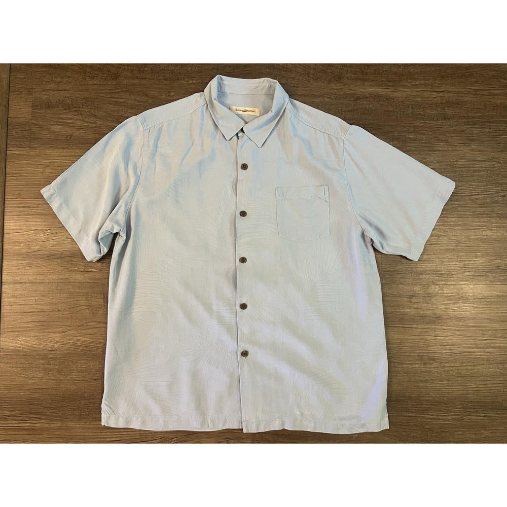 Tommy Bahama Mens Shirt Large Blue Silk Short Sleeve Textured Front Pocket F21